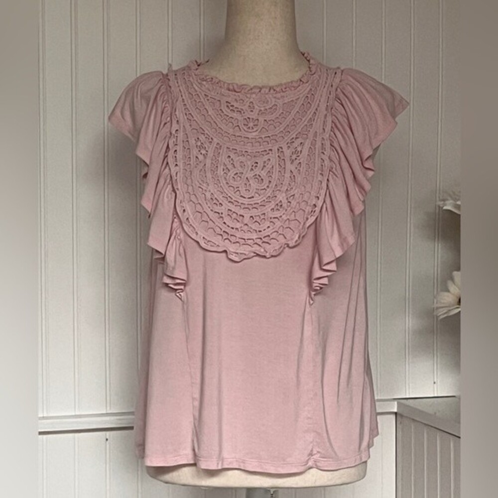 Pink Ruffle Sleeve Embroidered Blouse Size Medium